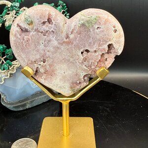 Pink Amethyst & Green Jasper Heart Carving Sugar Druzy Brazilian Crystal Purple